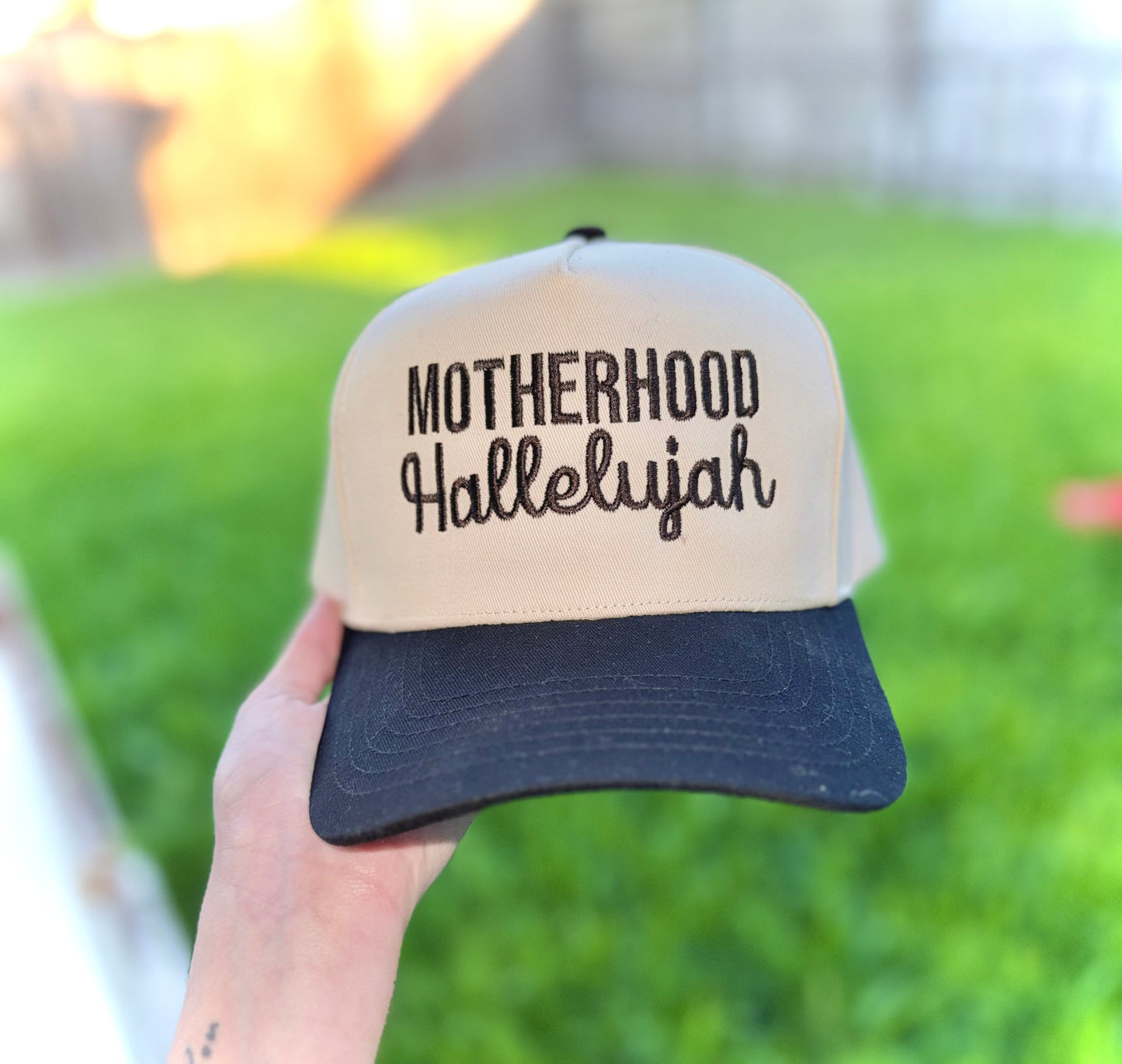 Motherhood Hallelujah Embroidered Trucker Hat | Trendy Mom Hat | Neutral Mama Baseball Cap