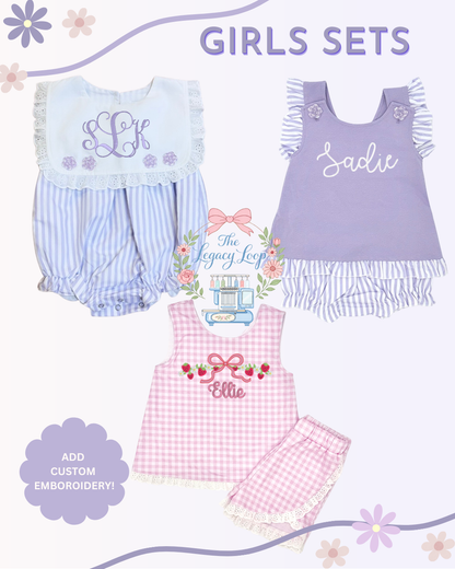 Purple Stripe Bubble, Diaper Set & Pink Gingham Short Set - Closes 06/19 (ETA: 10-12 weeks)