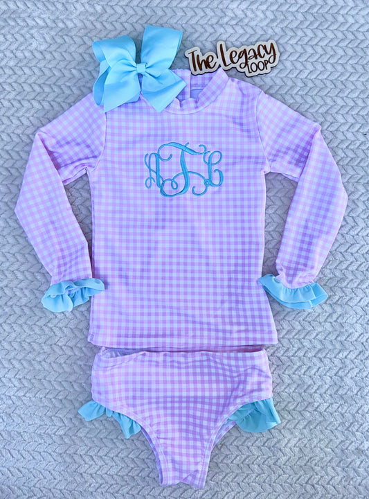 Monogram Pink Gingham Girls Swimsuit