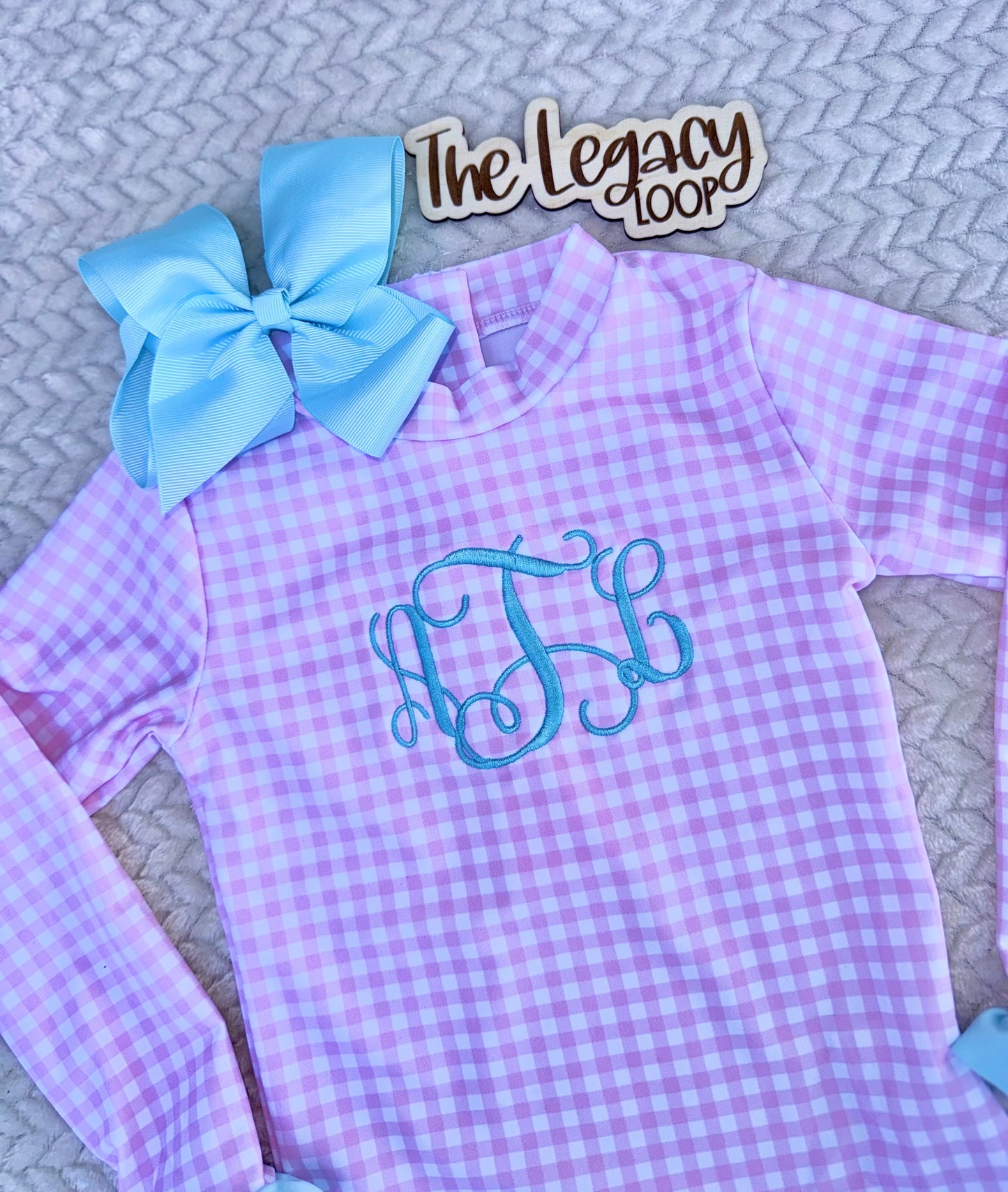 Monogram Pink Gingham Girls Swimsuit
