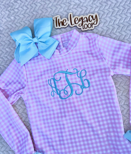 Monogram Pink Gingham Girls Swimsuit