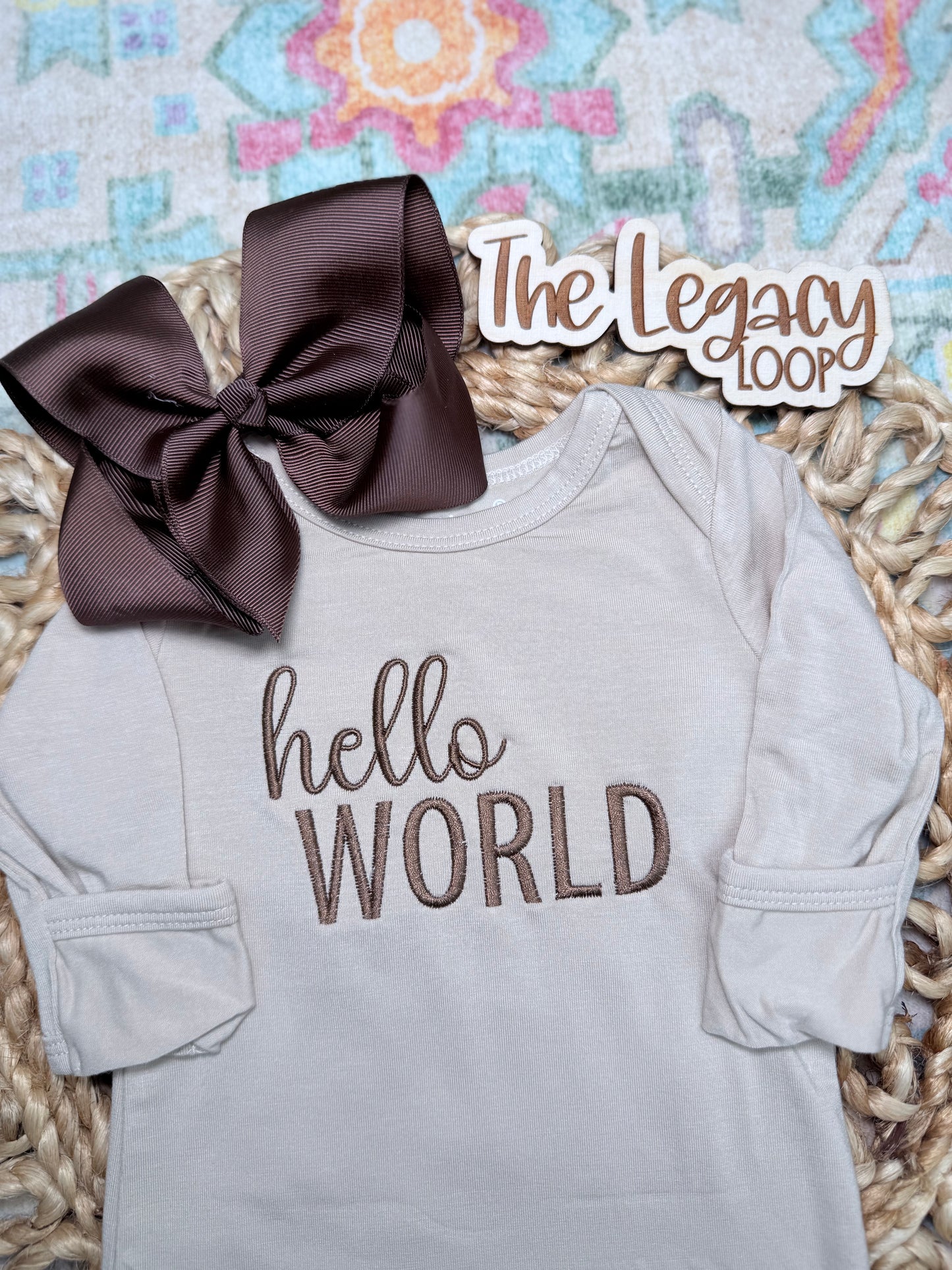 Neutral Hello World Embroidered Newborn Gown | Personalized Baby Coming Home Outfit | Gender Neutral Baby Gift