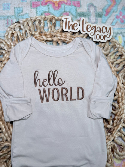 Neutral Hello World Embroidered Newborn Gown | Personalized Baby Coming Home Outfit | Gender Neutral Baby Gift