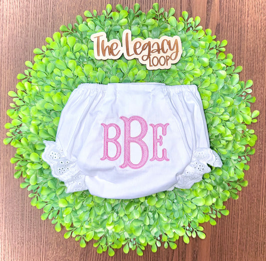 Personalized Monogram Bloomers | Embroidered Baby Bloomers with Lace Trim | Custom Baby Girl Diaper Cover