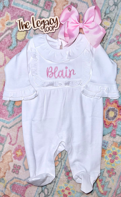 Personalized Ruffle Footie for Baby Girls | Custom Embroidered Baby Sleeper | Monogram Footie Pajamas | Newborn Take Home Outfit
