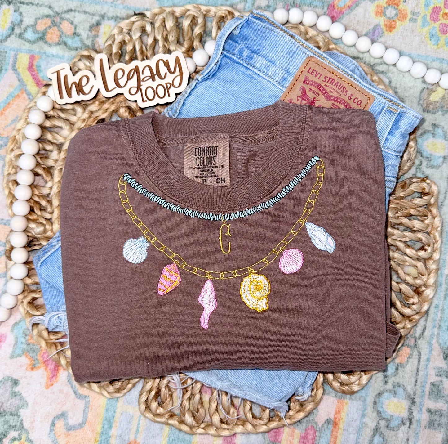 Coastal Charm Necklace Embroidered T-Shirt | Seashell Summer Tee